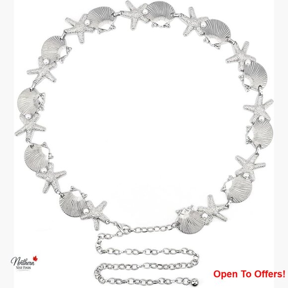 Accessories - Adjustable Chain Belt with Shell Starfish and Synthetic Pearls, 47 Inch